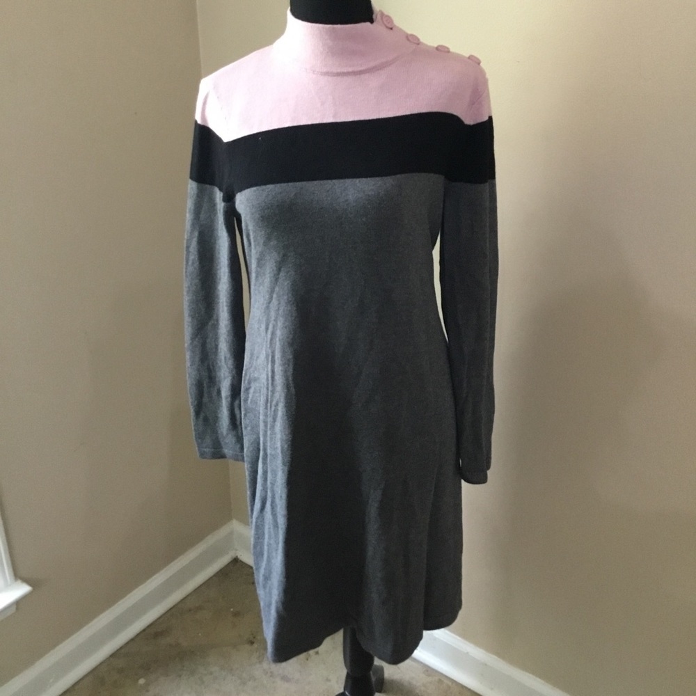 Talbots Women’s Colorblock Mock Neck Button Shoulder Sweater Dress Size MP NWT
